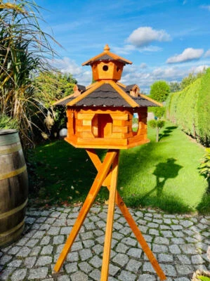 DARLUX Vogel Futter Haus XXL Sechseck Vogelhaus + Ständer Braun/ Schwarz - Bild 1 von 4