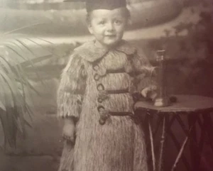 Russian Boy 1890 in Bear Coat & Square Hat At Table Candlestick & Toy Photograph - Picture 1 of 10