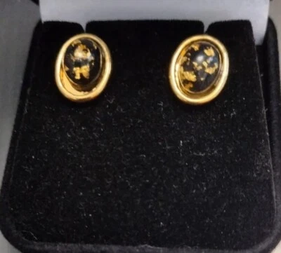 Gold Leaf Stud Earrings in Black Lucite Cabochon 14k Gold Filled Posts & Setting - Image 1 of 4