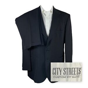 City Streets 2 Piece Suit Mens 42R 36x28 Black Solid Three Button Pleated