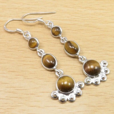 Fashion Jewelry Model TIGER'S EYE Earrings 2.1" 925 Solid Stamp Sterling Silver - Image 1 of 2