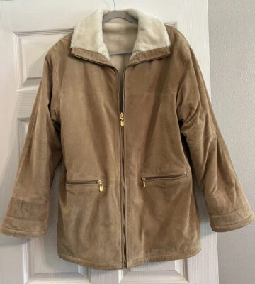 Abrigo Winlit New York Vintage Pequeño Cuero Gamuza Tostado Cuello Sherpa Forrado ¡Bonito! Foto 1 de 4