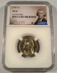 1950 5C NGC MS66 JEFFERSON NICKEL MS 66 NICE SMOOTH LIGHT GOLD TONE - Picture 1 of 3