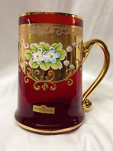 SEYEI VICTORIAN GLASS TANKARD 18 OZ RUDY WITH ENAMELED FLORAL GOLD TRIM - Picture 1 of 7