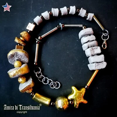 Luxury Jewellery Beaded Necklace Chunky Statement Pendant Brutalist Ceramic Bead - Image 1 of 4