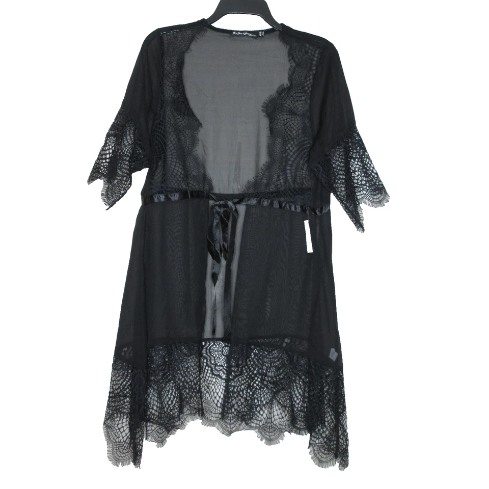 For Love &Lemon's Women's Black Lace Trim Sheer Sash Tie Front Robe 0/S B61 - Image 1 of 4