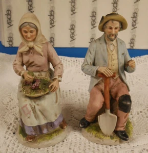 EUC Homco Figurines #1433 Old Man Holding a Shovel / Old Lady with Grape Basket - Picture 1 of 8