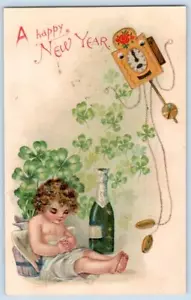 1910's SLEEPING CHERUB CHAMPAGNE BOTTLE CLOCK HAPPY NEW YEAR EMBOSSED POSTCARD - Picture 1 of 2