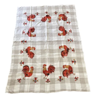 复古乡村农场公鸡桌布复古 74x53 灰褐色水牛格子亚麻 — 第 1/4 张图片