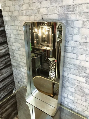 Modern Metal Design Wall Mirror Champagne Silver Framed Shelf Glass 40x90cm - Image 1 of 4