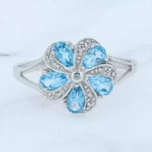 Nuevo 1.23ctw Diamante Azul Topacio Molinete Flor Anillo Plata de Ley Tamaño 8 - Imagen 1 de 4
