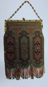 Antique Vintage Micro Bead Purse Handbag Art Deco Design Jeweled Frame LARGE SZ! - Picture 1 of 19