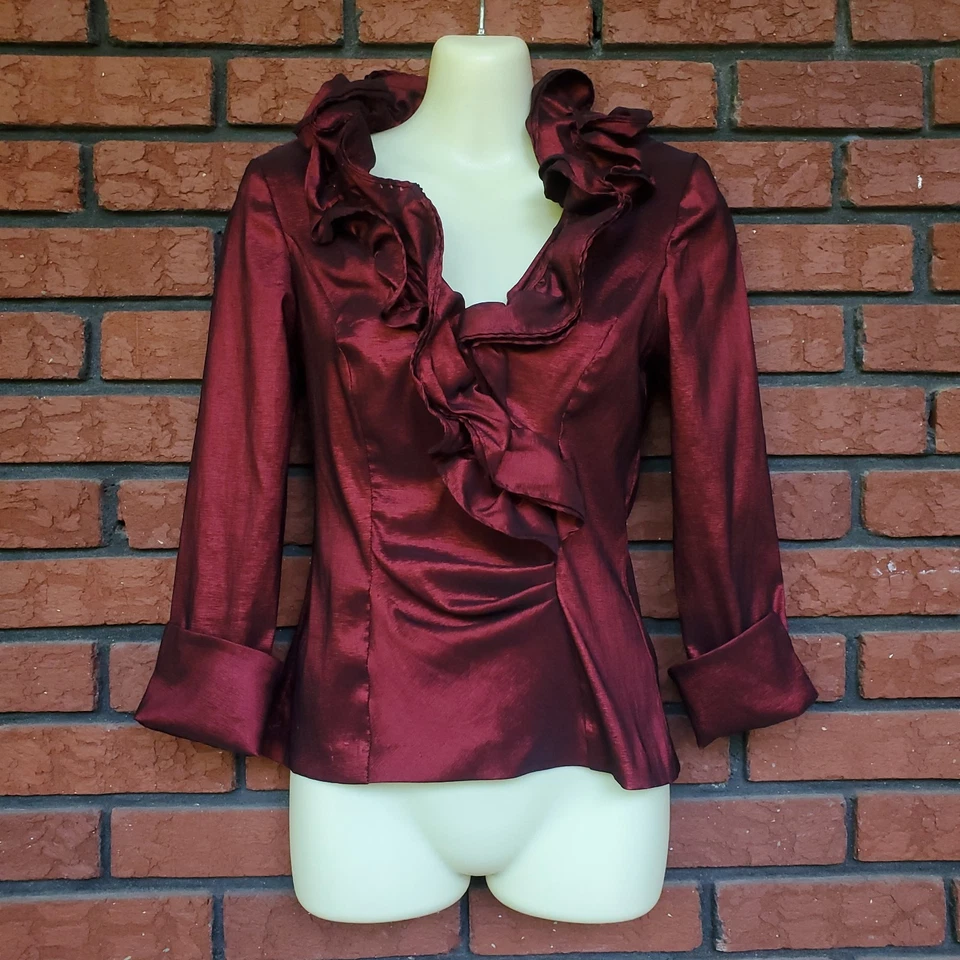Blusa Top con Volantes para Mujer 4 Borgoña Metálica Vino Acanalada Elastizada Cachicha Vamp Foto 1 de 4