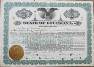 State of Louisiana 1929 Gold Bond Certificate, Governor Huey P Long Autograph LA - Bild 1 von 3