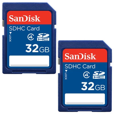 Lot of 2 SanDisk 32GB = 64GB SD SDHC Class 4 Camera Flash Memory Card SDSDB-032G
