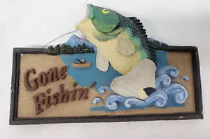 Vintage Gone Fishin Fish Wall Plaque 3D Resin Hanging Cabin Decor Rustic - Picture 1 of 6