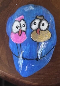 Hand Painted Rock “Silly Birds On A Wire" Outdoor Art Garden Collectible Decor - Picture 1 of 5