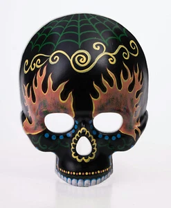 Black Half Skeleton Day of the Dead Skull Mask with Designs - Picture 1 of 1