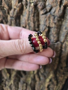 Stunning Gold Plated Beaded Elastic Stretch Stacking Rings Black Set of 3 - Picture 1 of 6