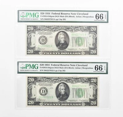 Lot (2) PMG 66 EPQ 1934 $20 FRN Consecutive Notes Fr#2054-Ddgsm *1151 - Image 1 of 3