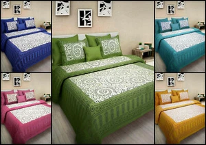 Beautiful Bedsheet Cotton Fabric Queen Size With 2 Pillow Cover Handmade Indian  - Picture 1 of 10