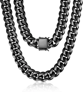 Mens 15Mm Miami Cuban Link Chain Black Stainless Steel Curb Necklace for Men & W - Picture 1 of 12