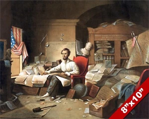 ABRAHAM LINCOLN WRITING PROCLAMATION OF FREEDOM PAINTING ART REAL CANVAS PRINT - Picture 1 of 5