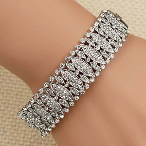 Women Rhodium Plated Clear Crystal Rhinestone Bangle Cuff Bracelet 00202 - Picture 1 of 4