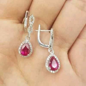 2 CT Pear Shape Simulated Pink Ruby Women's Wedding Earrings 925 Sterling Silver - Picture 1 of 7