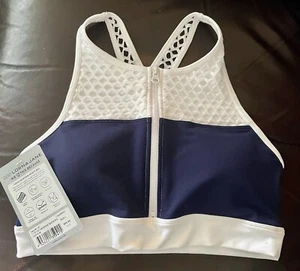 Uniquely Lorna Jane zip, ink blue/white "Hamptons" sports bra, women's L, NWT - Picture 1 of 4