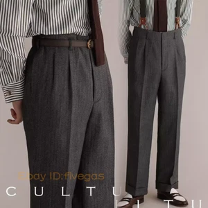 Pantalones de trajes de negocios gruesos de invierno de pierna ancha de cintura alta de espiga de lana para hombre - Imagen 1 de 18