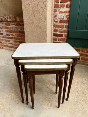 Set 3 Vintage French Nesting Table WHITE MARBLE Mahogany Louis XVI Maison Jansen - Image 1 of 4