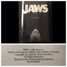 JAWS by PETER BENCHLEY 1974 1ST EDITION TRUE FIRST PRINTING HC/DJ HORROR CLASSIC