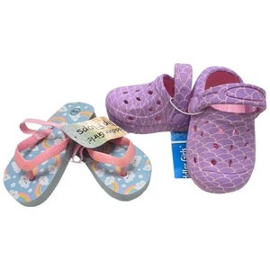 2pk NWT Toddler Girls Purple Clogs Shoes Rainbow Strap Flip Flops Sandals 5 / 6 - Picture 1 of 11