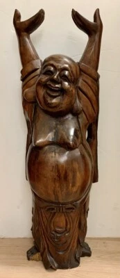 "Antigua escultura tallada estatua de Budai riendo de madera china Qing 37""" Foto 1 de 4