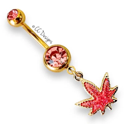 Anillo vientre hoja marihuana olla brillante colgante rosa circonita oro 14g IP rosa (B94) Foto 1 de 2
