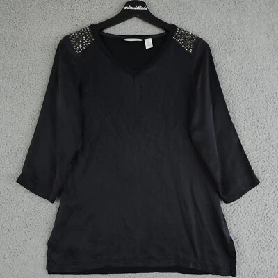 Camisa Chicos Mujer 0 Pequeña Negra Seda Estrás Hombro Manga 3/4 Túnica Top Foto 1 de 4