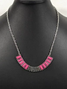 Boho Western Pink Rectangle Cabochon Gray Crystal Curved Bar Necklace 20 in - Picture 1 of 10