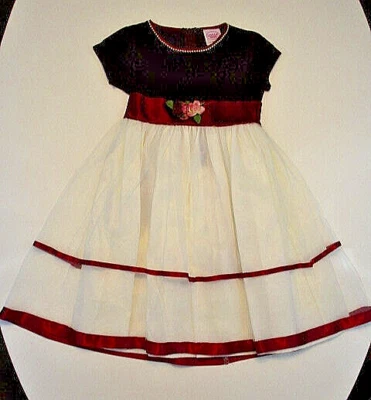 Vtg LITTLE MISS Dress Girls Sz 6 Purple White Faux Pearl Trim S/S Bow Flowers - Image 1 of 4