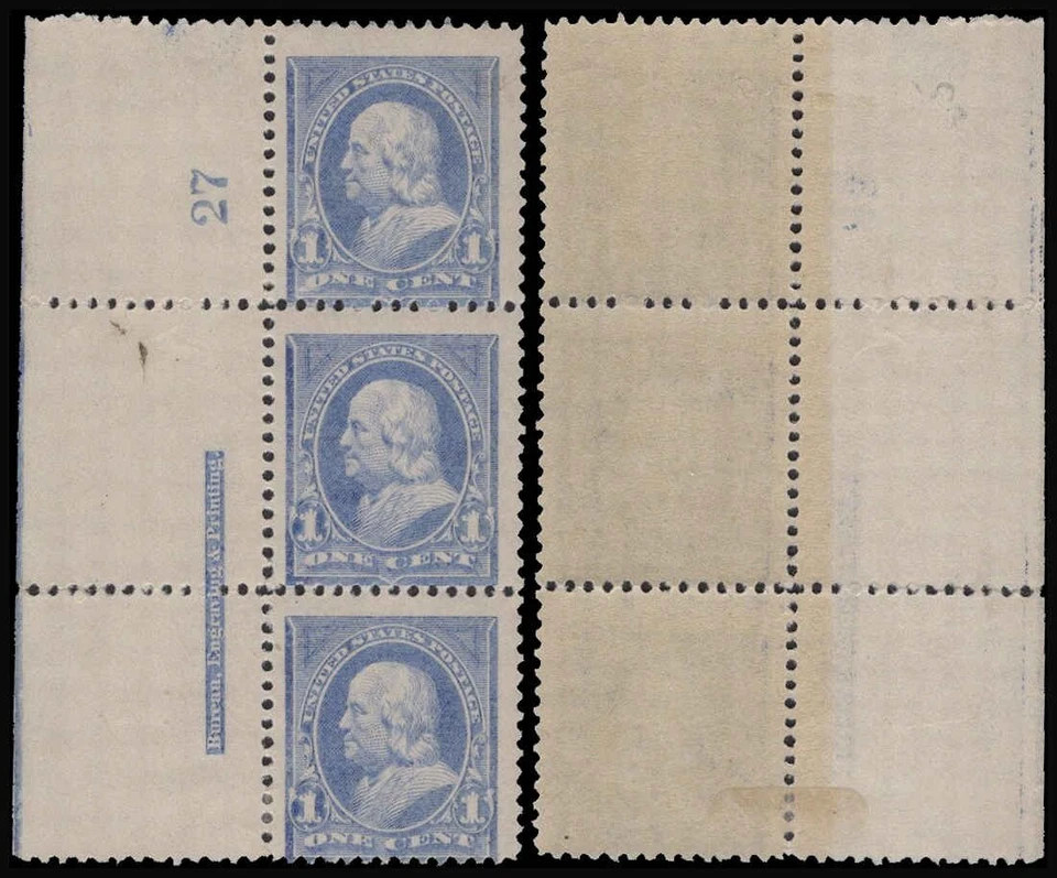 Scott # 246 - Placa no. Tira de impresión de 3 - Franklin 1c Ultramarine -MH-1894 Foto 1 de 1