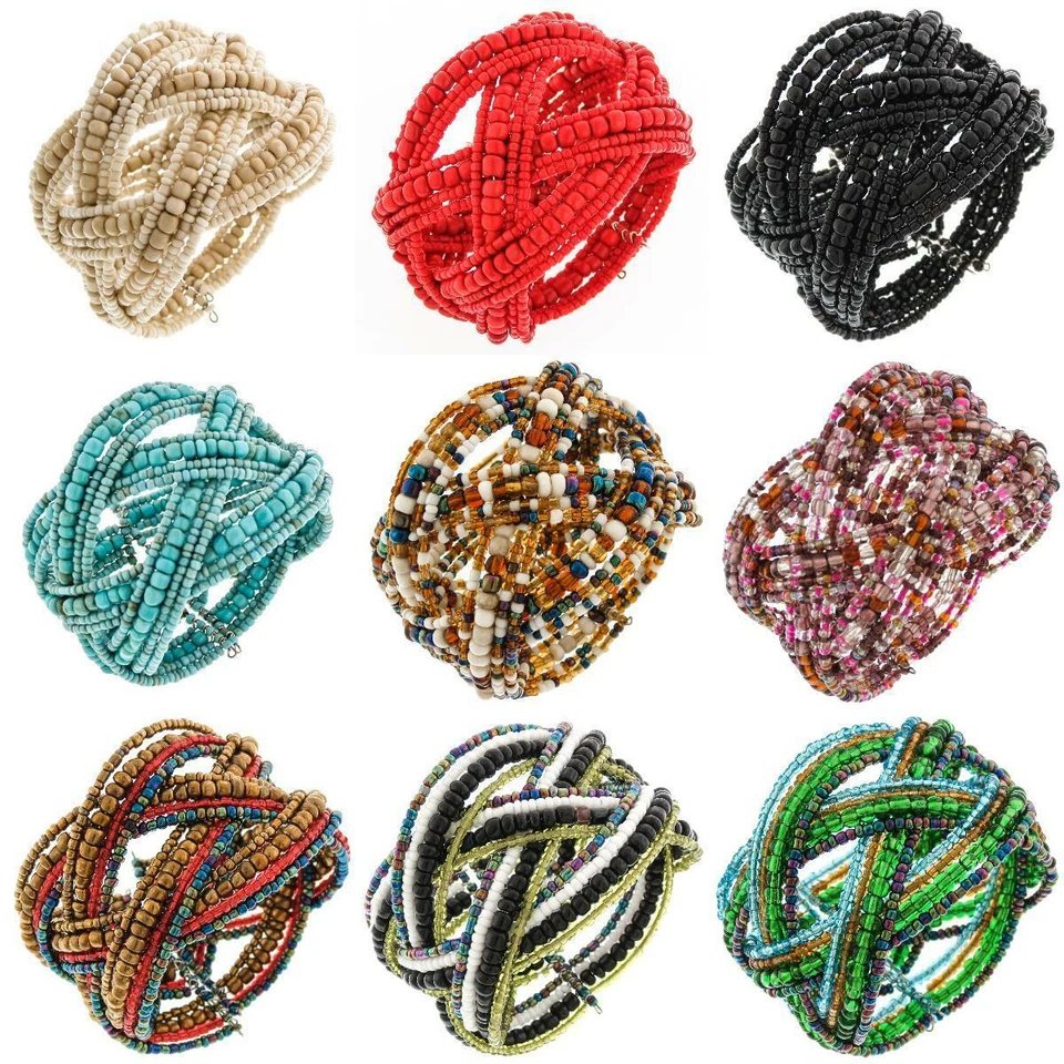 7" Bohemian Beaded Braided Memory Wire Cuff Bangle Bracelet, Many Colors - Image 1 of 1