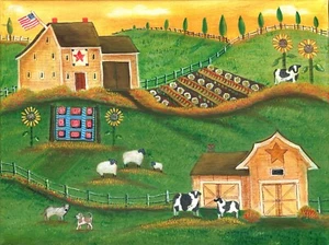 OrIgInAl FoLk ART PaInTiNg BaRn CoWs ShEEp QuIlT FaRm SuNfLoWeRs DoGs AmErIcAnA - Picture 1 of 9