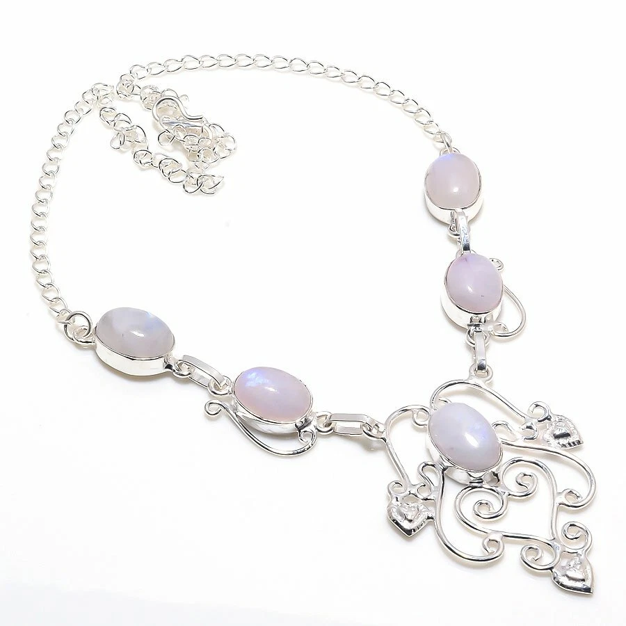 Collares de joyería de plata de ley 925 hechos a mano con piedras preciosas de luna arco iris talla 18" Foto 1 de 1