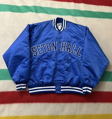 Chaqueta de nailon satinado vintage Felco años 80 90 azul Seton Hall Nueva Jersey NJ cuadrada XL Foto 1 de 4