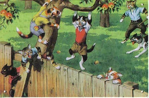 MAINZER ANTHROPOMORPHIC CATS picking apples on metal - Picture 1 of 1
