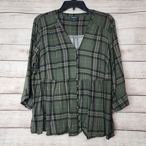 Torrid Damen Oberteil Knopfleiste Rollriegelärmel grün kariert Größe 1 Viskose Bluse - Bild 1 von 14