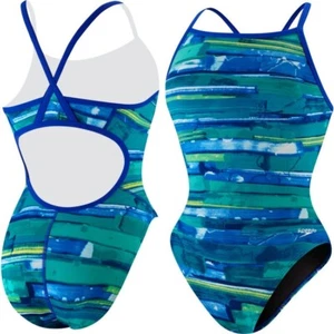 SPEEDO Color Stroke Flyback Blue Green Deep Swim Suit Womens Sz 6 32 10 36 12 38 - Picture 1 of 5