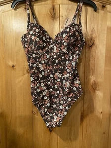 Kona Sol Swimsuit, 1 Pc Brown/white/pink Flowers Size Medium 8-10 - Picture 1 of 3