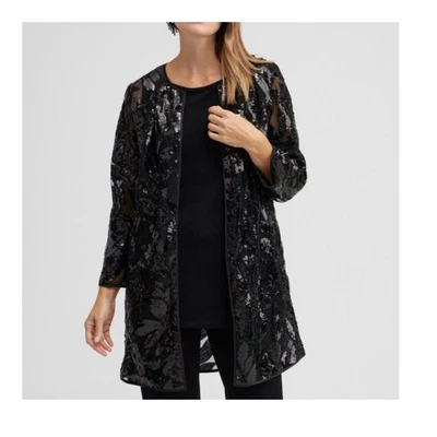 Chico's черный блестками украшенный цветочный Duster куртка открытый передний размер 1 США средний - Изображение 1 из 4