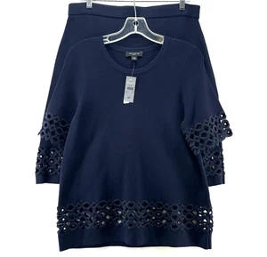 Ann Taylor Top and Skirt Set Womens LP Laser Cut Trim Stretchy Knitted Navy Blue - Picture 1 of 18